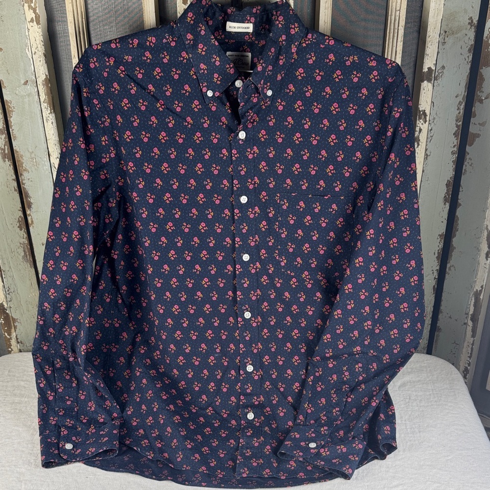 J. Crew Dark Blue Shirt with Red Floral Pattern - Picture 1 of 10
